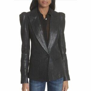 Smythe SS/18 Box Pleat Black Luster Linen Puff-Sleeve Blazer